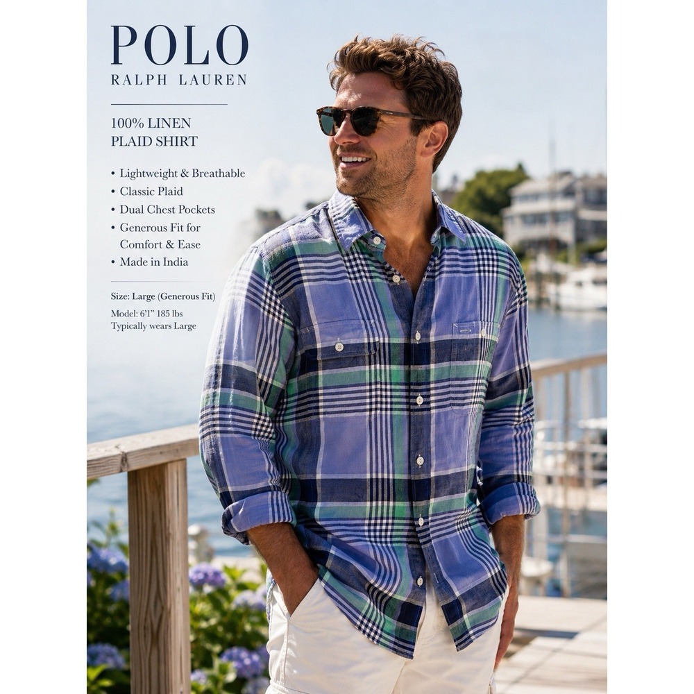 Polo Ralph Lauren Linen Men Shirt L Long Flap Pockets Blue Green Plaid Button